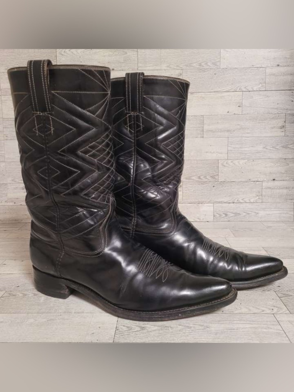 Men's Vintage Custom Black Leather Rodeo Biker Pointed Cowboy Boots Size 8.5